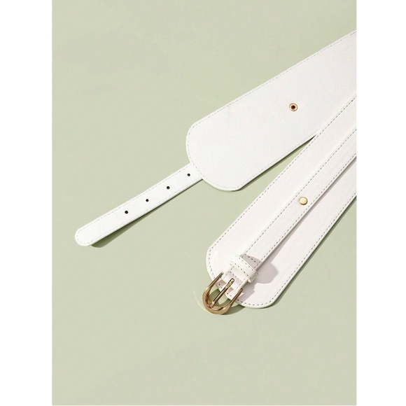 PU Wide White Belt Gold Tone Buckle - Picture 3 of 5